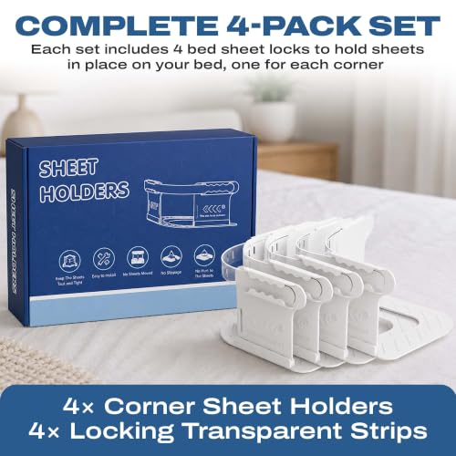 Heavy Duty Bed Sheet Holders for Corners - 4 Pack Snap Locks