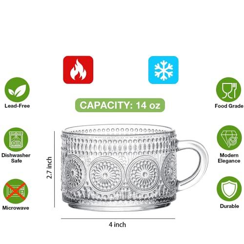 Mfacoy Translucent Vintage Coffee Mug Set of 2, 14 oz Embossed Glass Cups with Handle for Hot & Cold Beverages