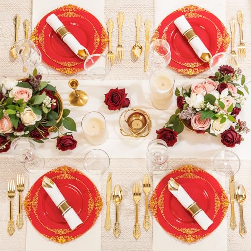 Nervure 100Pcs 10.25'' Red Plastic Plates – Disposable Party Dinner Plates