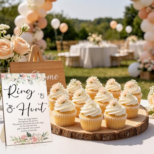 Bridal Shower Ring Hunt Game Set with Wooden Sign and 100 Plastic Rings