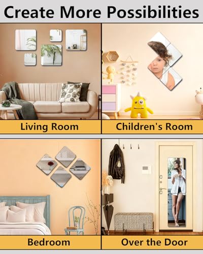 Shatterproof Acrylic Wall Mirror Tiles - 4 Pack 12x12 Inch Full Length Set