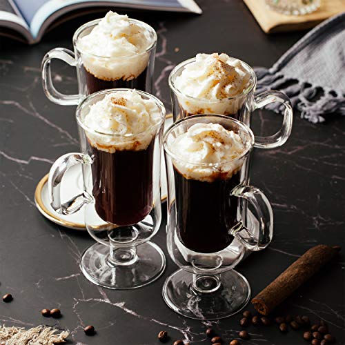 Brew To A Tea Double Walled Glass Irish Coffee Mug Set of 4 - 10 oz Insulated Hot Cold Cups