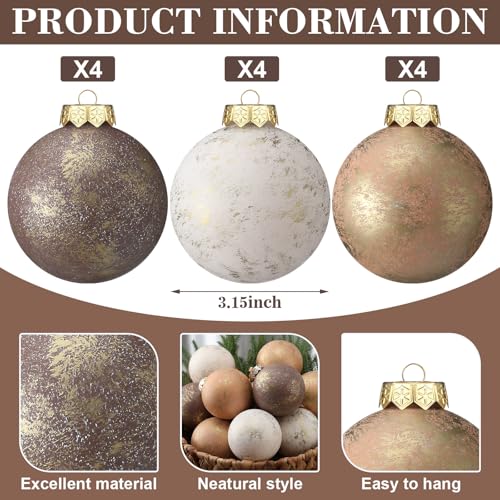 12 Pcs 3.15 Inch Neutral Textured Christmas Ball Ornaments, Brown
