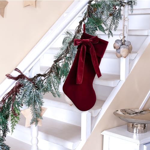 Ftuuo Dark Red Christmas Stockings with Burgundy Faux Fur Cuffs - Solid Red Holiday Decor
