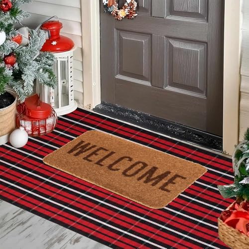 Christmas Red & Black Plaid Rug 3x5 ft Indoor/Outdoor Hand-Woven Cotton Layered Rug