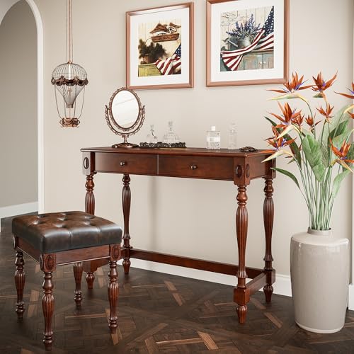 Vintage Wood Writing Desk and Button-Tufted Stool Set with 2 Drawers