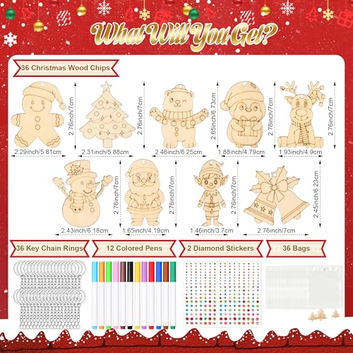 Bafeil Christmas Unfinished Wood Craft Kit - DIY Keychains with 36 Pieces