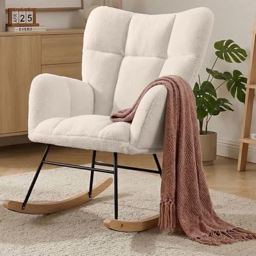 Teddy Upholstered Nursery Rocking Chair with Cushion & Wood Legs - Ivory
