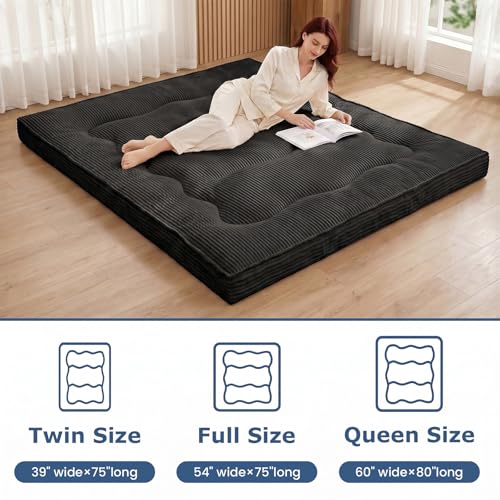 Extra Thick Japanese Futon Mattress - Full Size Foldable Floor Sleeping Pad