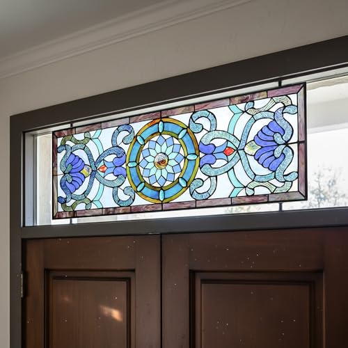 Victorian Stained Glass Window Panel - 35 x 12 Inches, Blue Design