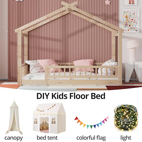 Full Size House Bed with Fence, Solid Wood Montessori Floor Bed Frame