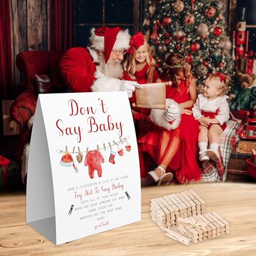 Christmas Baby Shower Game Kit with 50 Clothespins & Sign - Don't Say Baby