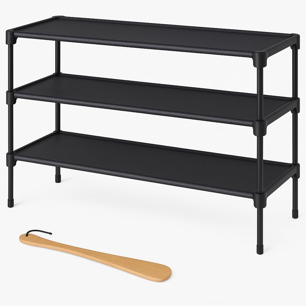 Skiennix 3-Tier Shoe Rack Organizer - Durable Plastic Storage Shelf for Entryway & Closet - Black