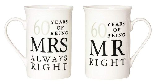 Haysoms Ivory White 60th Anniversary Mr Right & Mrs Always Right Ceramic Mug Gift Set by Happy Homewares