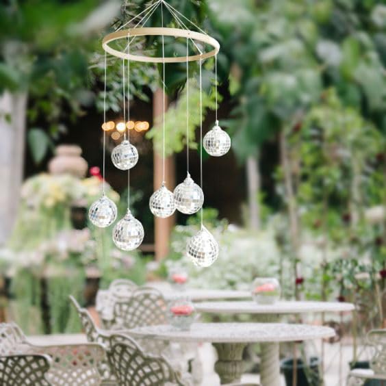 Hanging Disco Ball Mobile with Bamboo Circle for Garden and Patio Decor