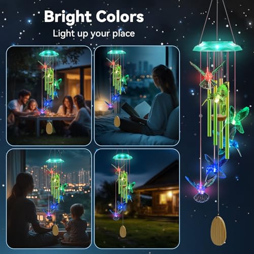 37-Inch Solar Hummingbird Wind Chimes with 7-Color Changing LED Light