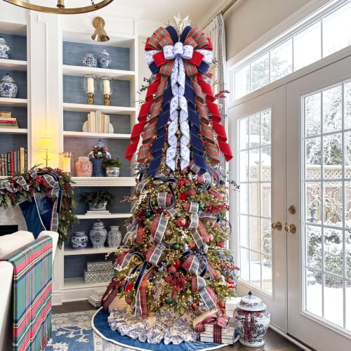 45 Inch Chinoiserie Christmas Tree Topper Tartan Bow Decor