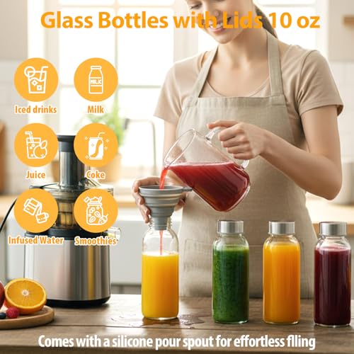 10 oz Glass Juice Bottles with Lids, 6 Pack – Leakproof Reusable Bottles