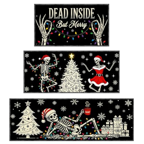 Skeleton Christmas Kitchen Rugs - 28x16/35x16/47x16 Inches, Dead Inside But Merry, Dark Humor Santa Skeleton Mats (Variation: Christmas Skeleton)