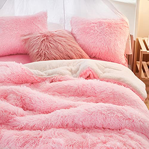 Reversible Plush Shaggy Comforter Set - Twin Size, Pink, 3 Pieces