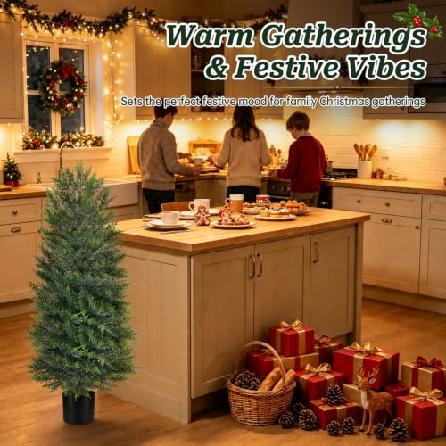 Dark Green 4FT Artificial Cypress Topiary Trees with Pots - Set of 2 Outdoor Decor