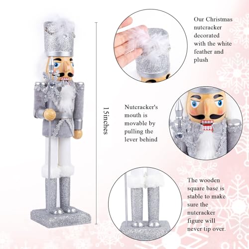15-Inch Silver Glitter Christmas Nutcracker Figure for Holiday Decor