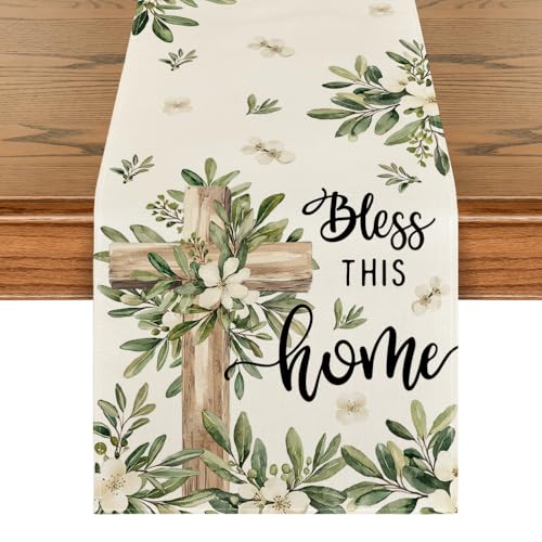 Artoid Mode Cross Olive Leaves Spring Table Runner 13x72 Inch Beige Home Decor