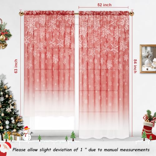 Yinhua Red Snowflake Christmas Sheer Curtains Set 52x84 Inches, 2 Panels