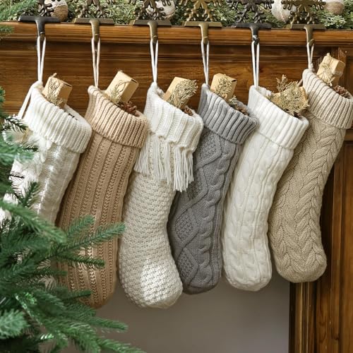 Pawliss White Gray Beige 18in Cable Knit Christmas Stockings (6 Pack) Farmhouse Rustic Personalised