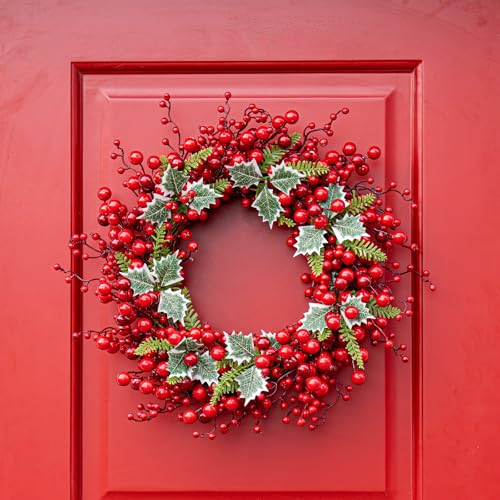 JINGHONG 20-Inch Artificial Christmas Wreath with Red Berries & Holly for Indoor Outdoor Holiday Decor