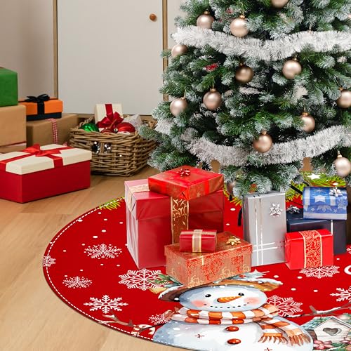 Casuru Red 48-Inch Snowman Christmas Tree Skirt | Let It Snow Holiday Tree Mat