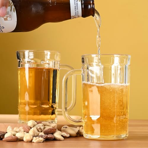 Set of 2 Glass Beer Mugs, 11oz Clear Beer Steins with Handles