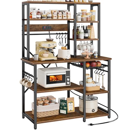 Large 6-Tier Bakers Rack with Power Outlets & Microwave Stand - Rustic Brown