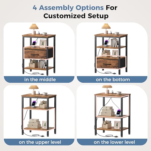 3-Tier Nightstand with Charging Station, Bedside Table with Fabric Drawer