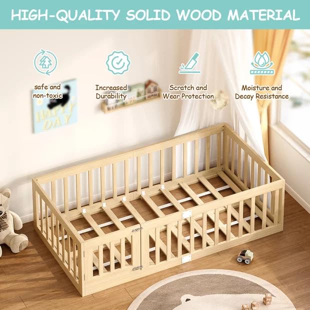 Twin Montessori Floor Bed Frame with Guardrails and Door Latch, Natural Wood