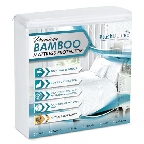PlushDeluxe Bamboo Waterproof Queen Mattress Protector - Breathable & Noiseless