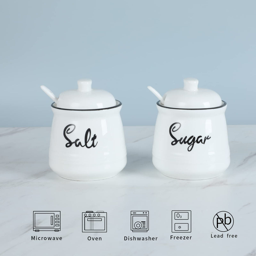 HAOTOP 12oz Farmhouse Ceramic Salt and Sugar Bowls Set with Lid and Spoons,Easy to Clean (White)