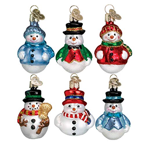 Mini Snowman Glass Christmas Ornaments, Set of 6 Hand-Painted Decorations