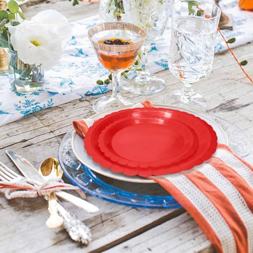 50 Pcs Red Scalloped Paper Plates 25 × 7'' and 9'' Disposable Dinner