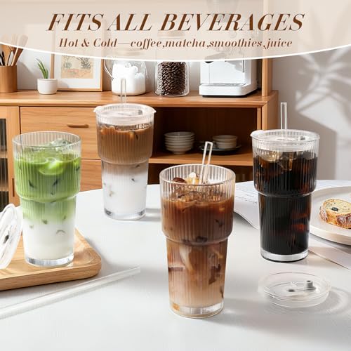 20 oz Ribbed Glass Iced Coffee Cups with Lids and Straws - Set of 4