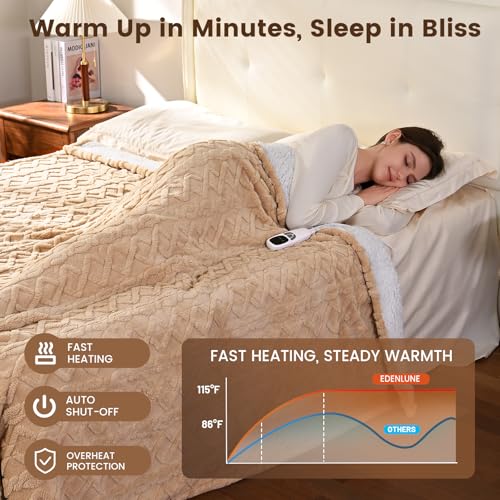 EDENLUNE Beige 50x60-inch Electric Heated Throw Blanket with 9 Heat Levels, Timer & Sherpa Fabric