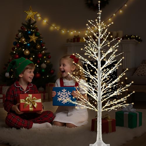 Set of 2 4FT Birch Tree with 500 Warm White LEDs - White Trees, 2-Pack, Auto Timer (6H/18H)