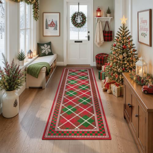 Terrug Christmas Red & Green Plaid 2' x 6' Runner Rug with Non-Slip Backing