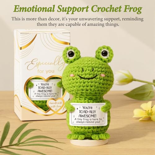 Handmade Emotional Support Crochet Frog Gift with Wooden Base