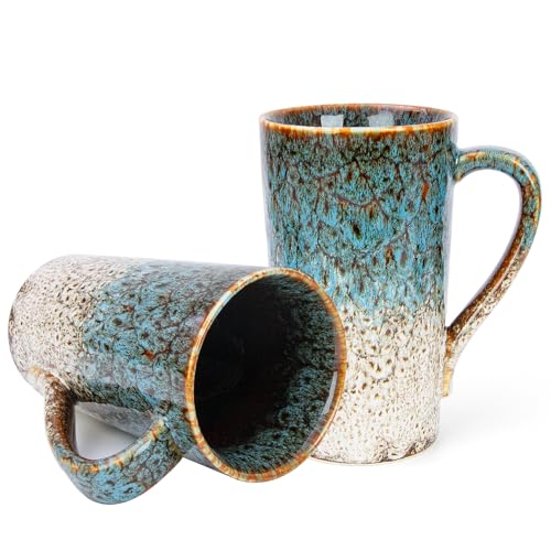 YINUOWEI 20 oz Tall Ceramic Coffee Mugs Set of 2, White & Blue with Large Handle