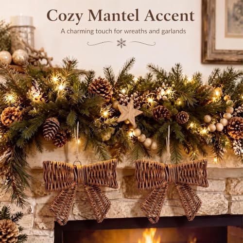 Rustic Christmas Rattan Woven Bow Ornaments - Set of 2, 6.3x4.9 inches