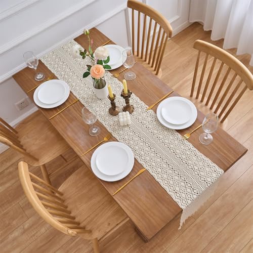60 Inch Beige Boho Crochet Table Runner - 12"W x 60"L Beige Rhomb, Cotton Lace