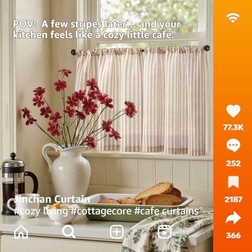 Striped Linen Kitchen Tier Curtains - 20 Inch Light Filtering Panels