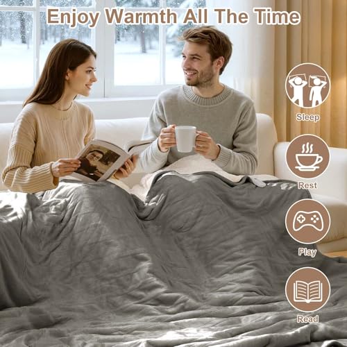 Queen Size Heated Electric Blanket with Dual Control, Grey - 5 Heat Settings, 10-Hour Auto Off, Washable