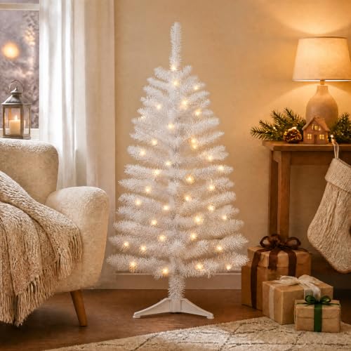 PineSpark 4ft White Christmas Tree with 50 LED Lights - Winter Wonderland Slim Pencil